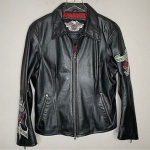 Harley Davidson Women’s Leather Jacket Embroidered Appliques S Tattoo Black